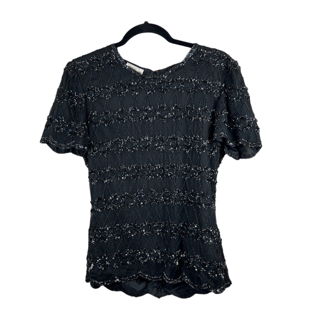 Stenay Women’s Silk Beaded Evening Top Party Black‎ Glam Blouse Shirt Size Small